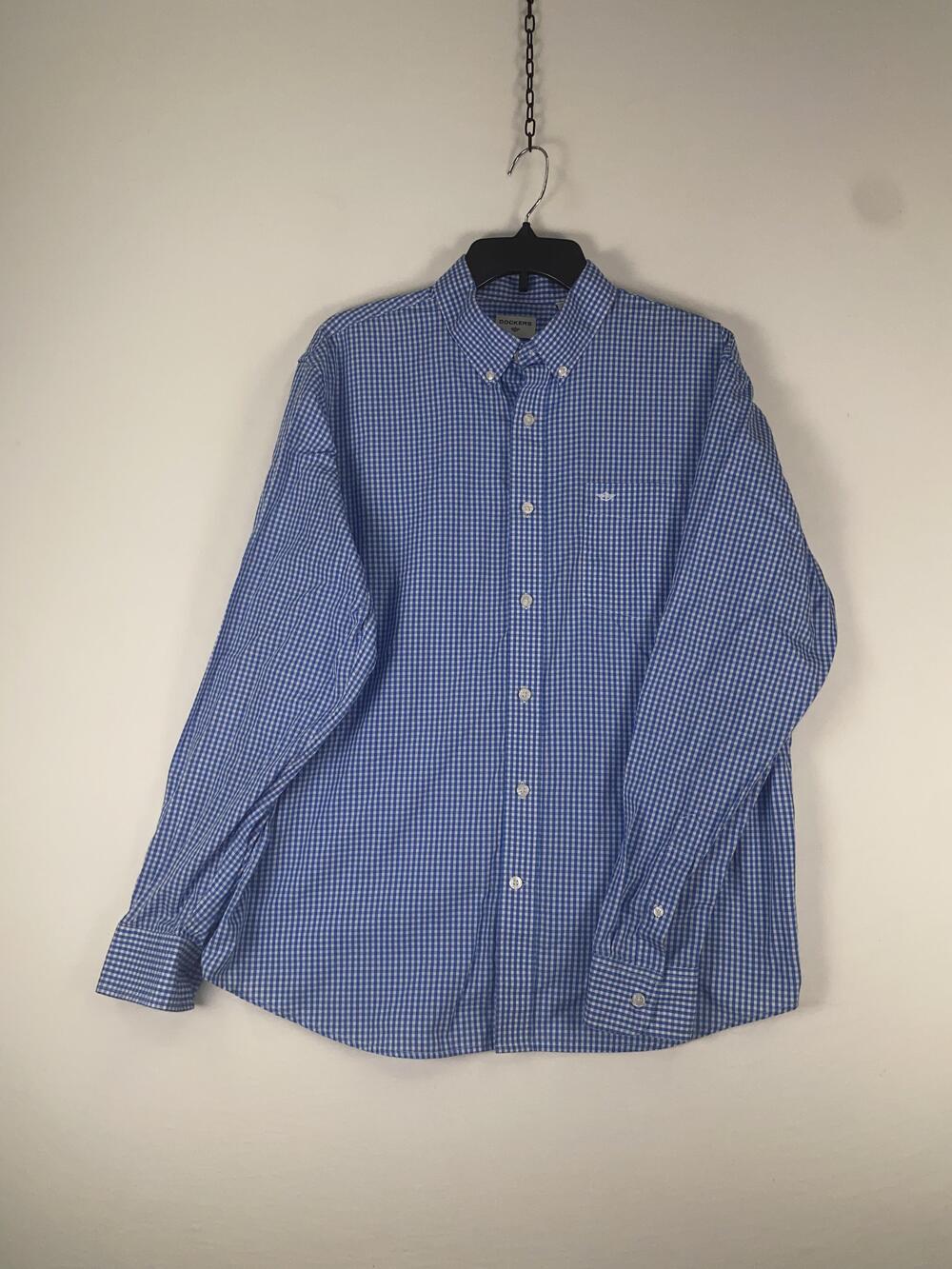 Dockers Shirt Mens Large Blue Check Long Sleeve Button Down Cotton Blend Casual